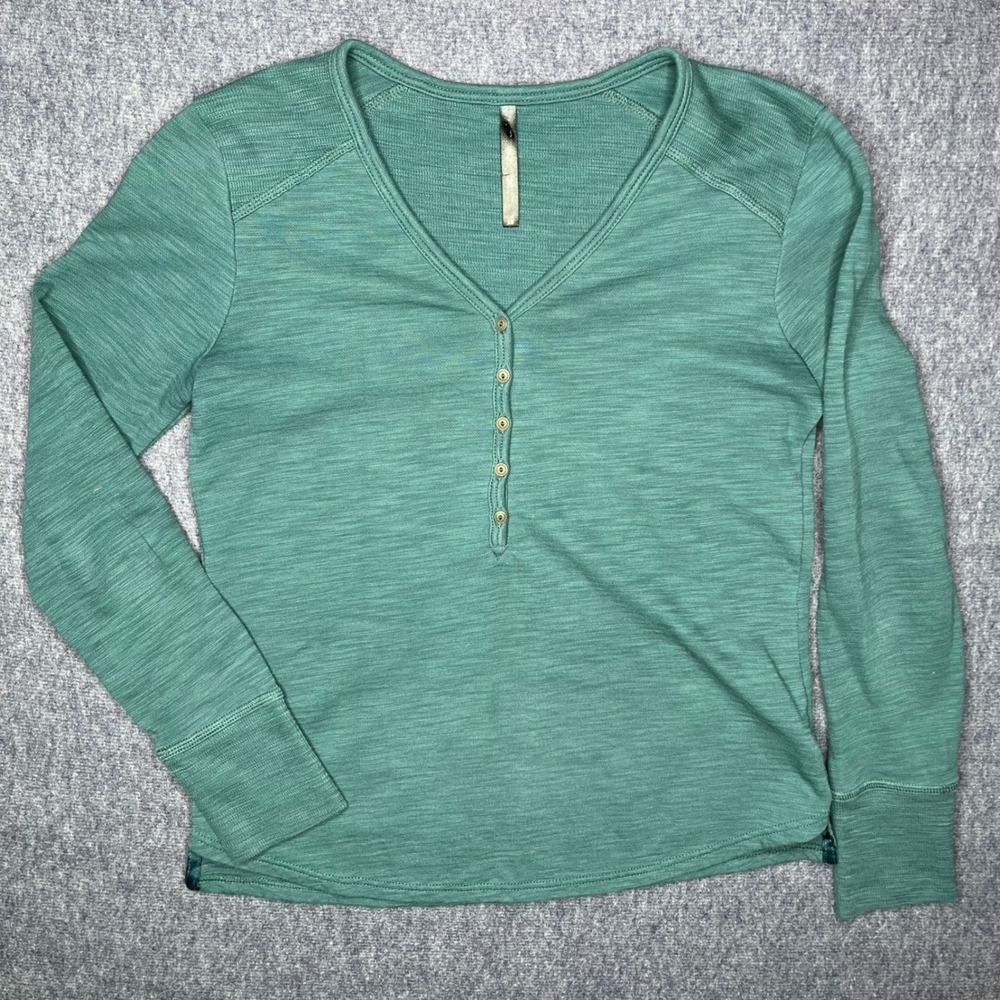 Kuhl Womens Teal Green Slub Knit Henley Long Sleeve V-Neck Top Size XS